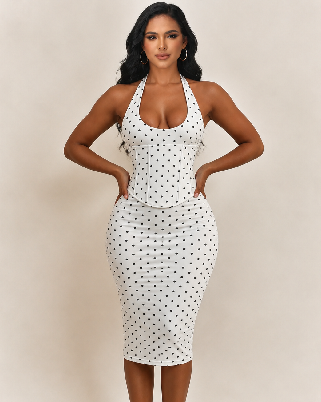 Polka Dot Corset Halter Midi Dress with Lace-Up Back - By Qivii