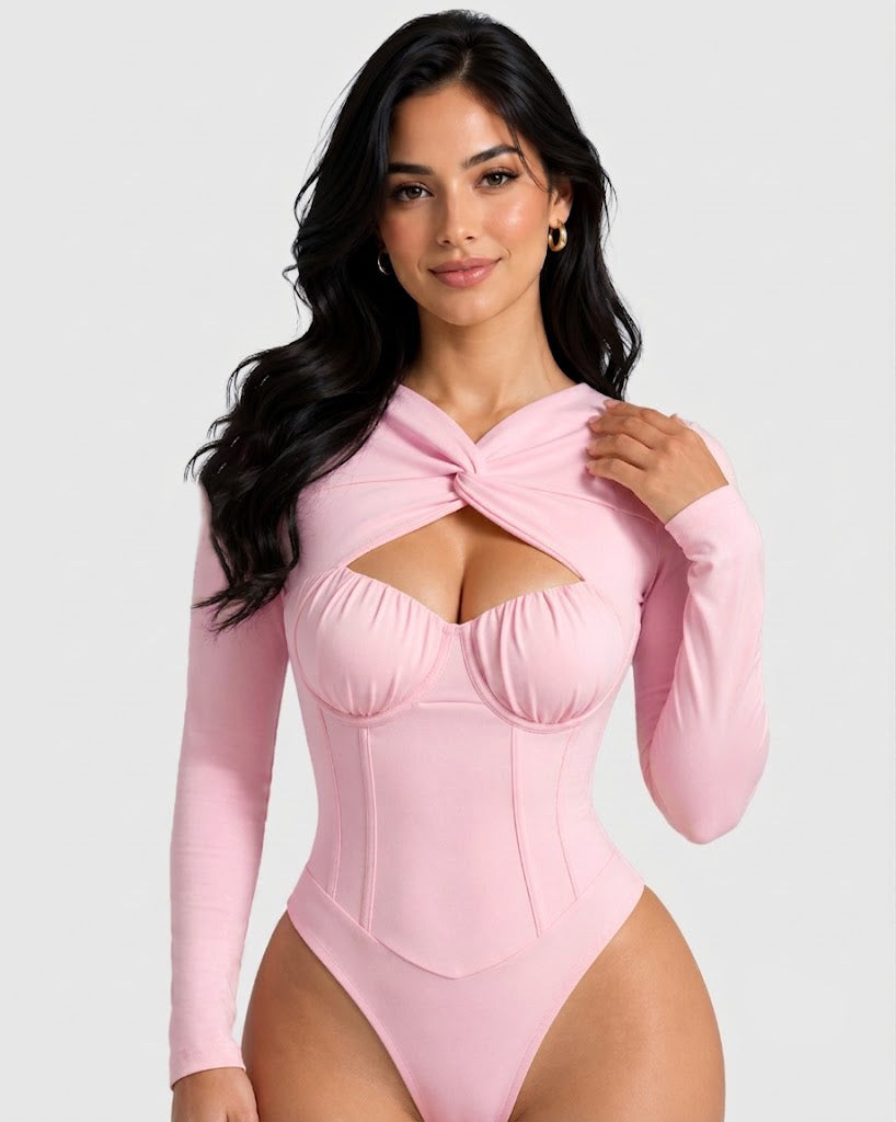 Sexy Twist Cutout Bustier Long Sleeve High Cut Bodysuit - By Qivii