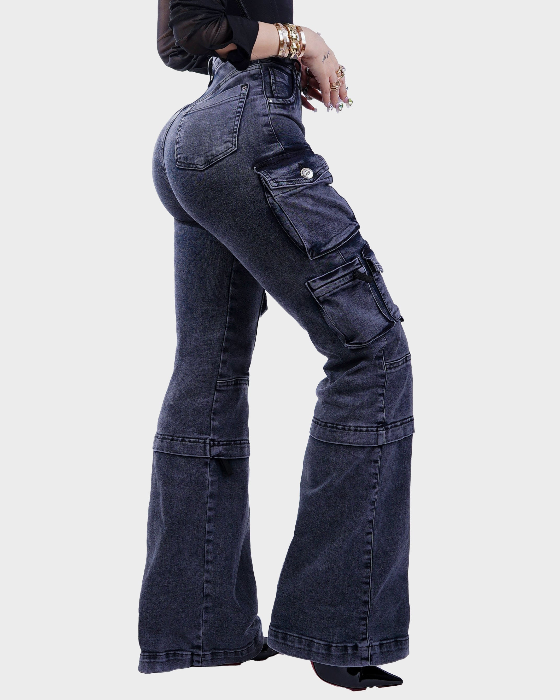 High Waist Multi Pocket Vintage Washed Flare Cargo Jeans - By Qivii