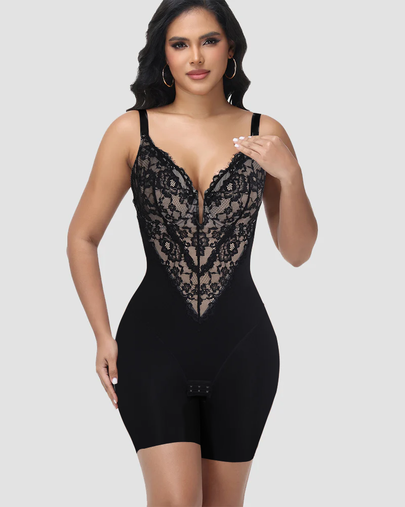 Shapshe® Lace Plunge Backless Bodysuit Shapewear - By Qivii