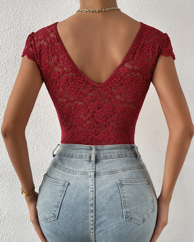Sexy Deep V Neck Lace Short Sleeve Bodysuit One Piece Slim Fit Body Shaper