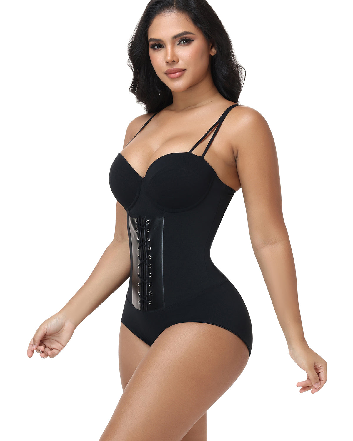 V Neck Double Thin Strap Leather Lace Up Tummy Control Bodysuit