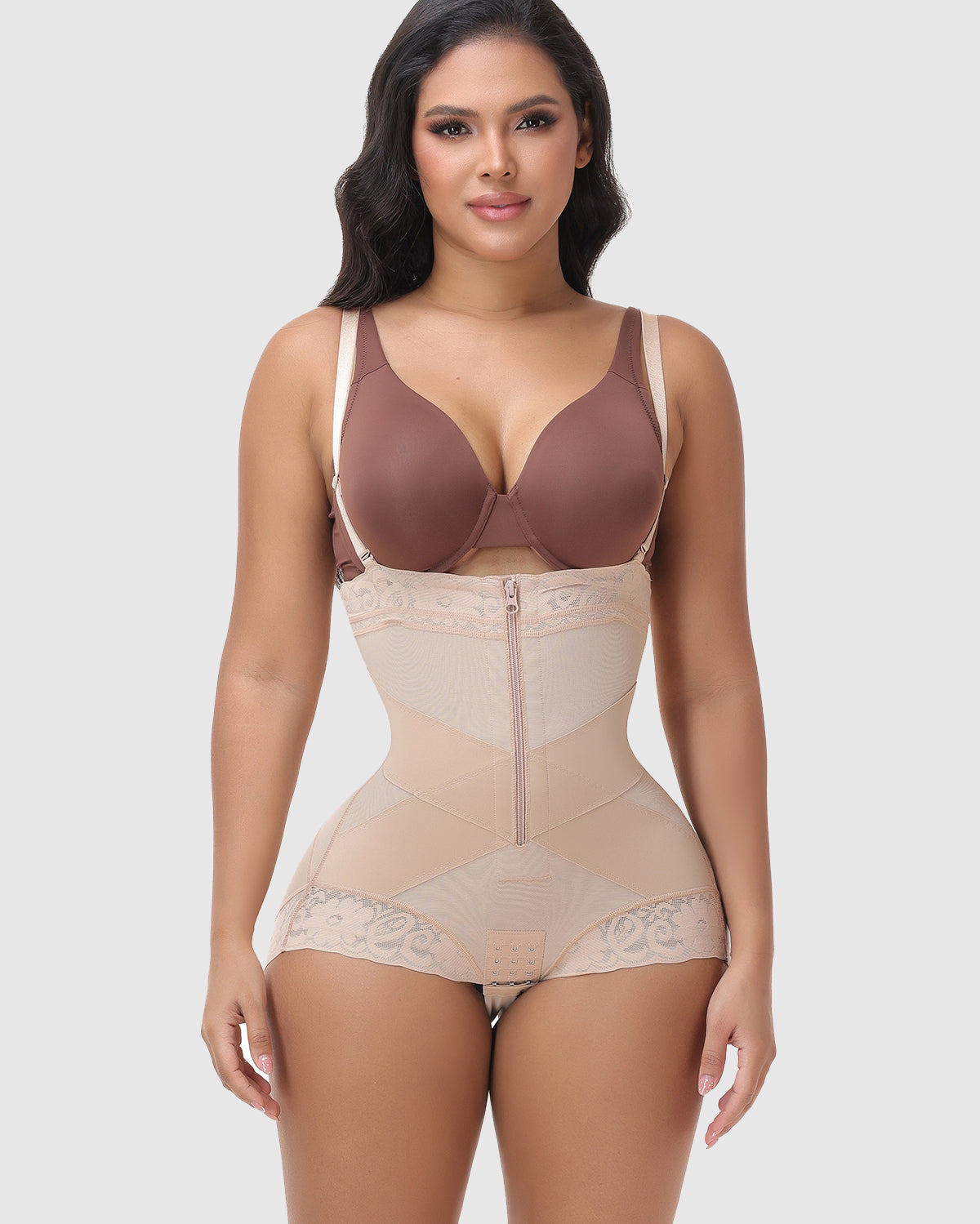 Detachable Strap Front Zip Lace Tummy Control Butt Lifting High Waist Shapewear Shorts