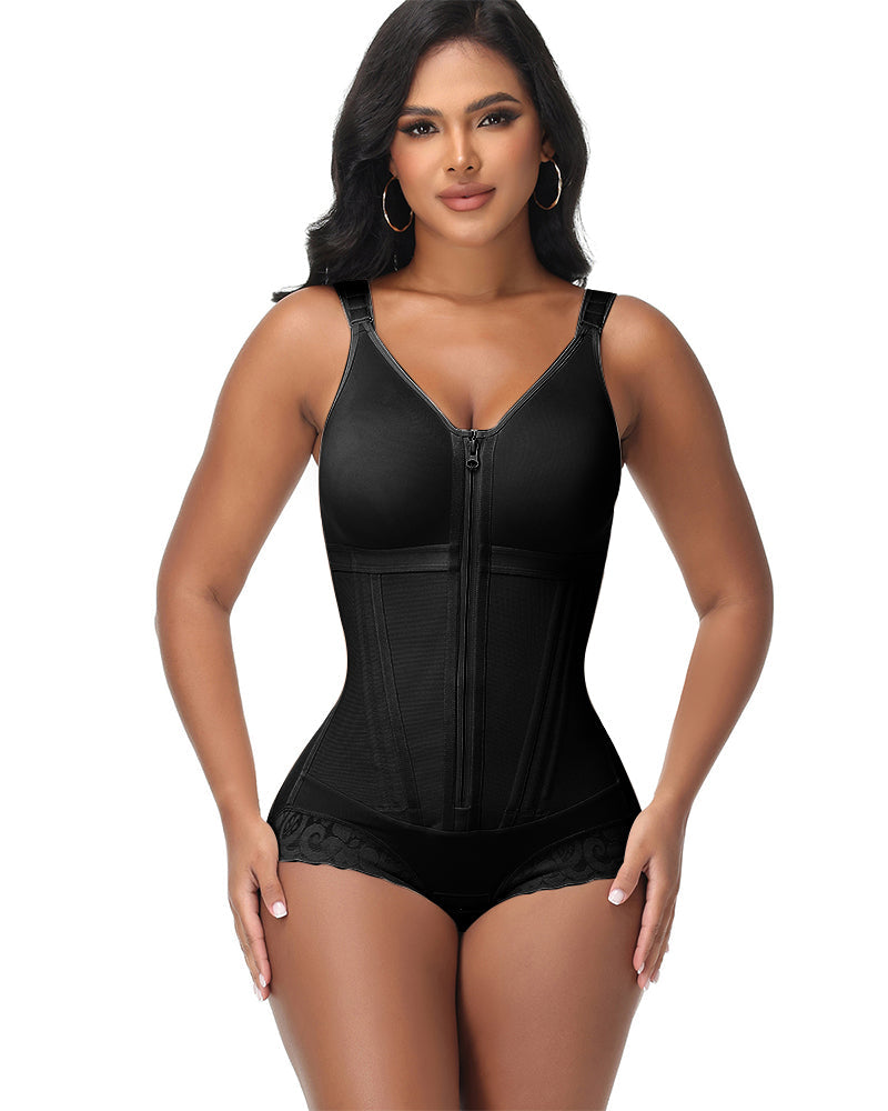 Double-Layer PowerMesh Hourglass Tummy Sculpt Zipper Bodysuit With Bra