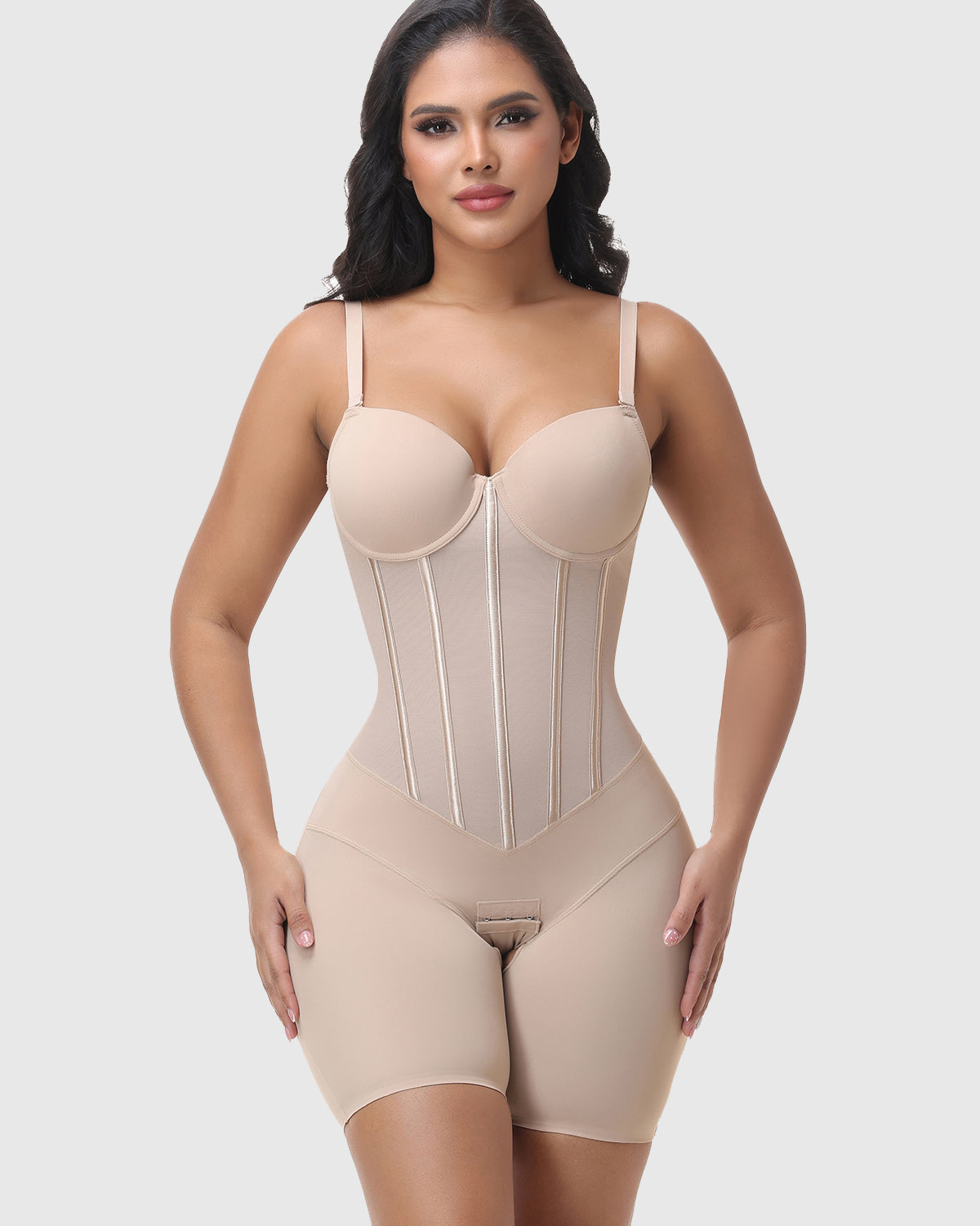 Deep V Adjustable Strap Crotch Closure Mid Thigh Bodysuit Full Body Shapewear