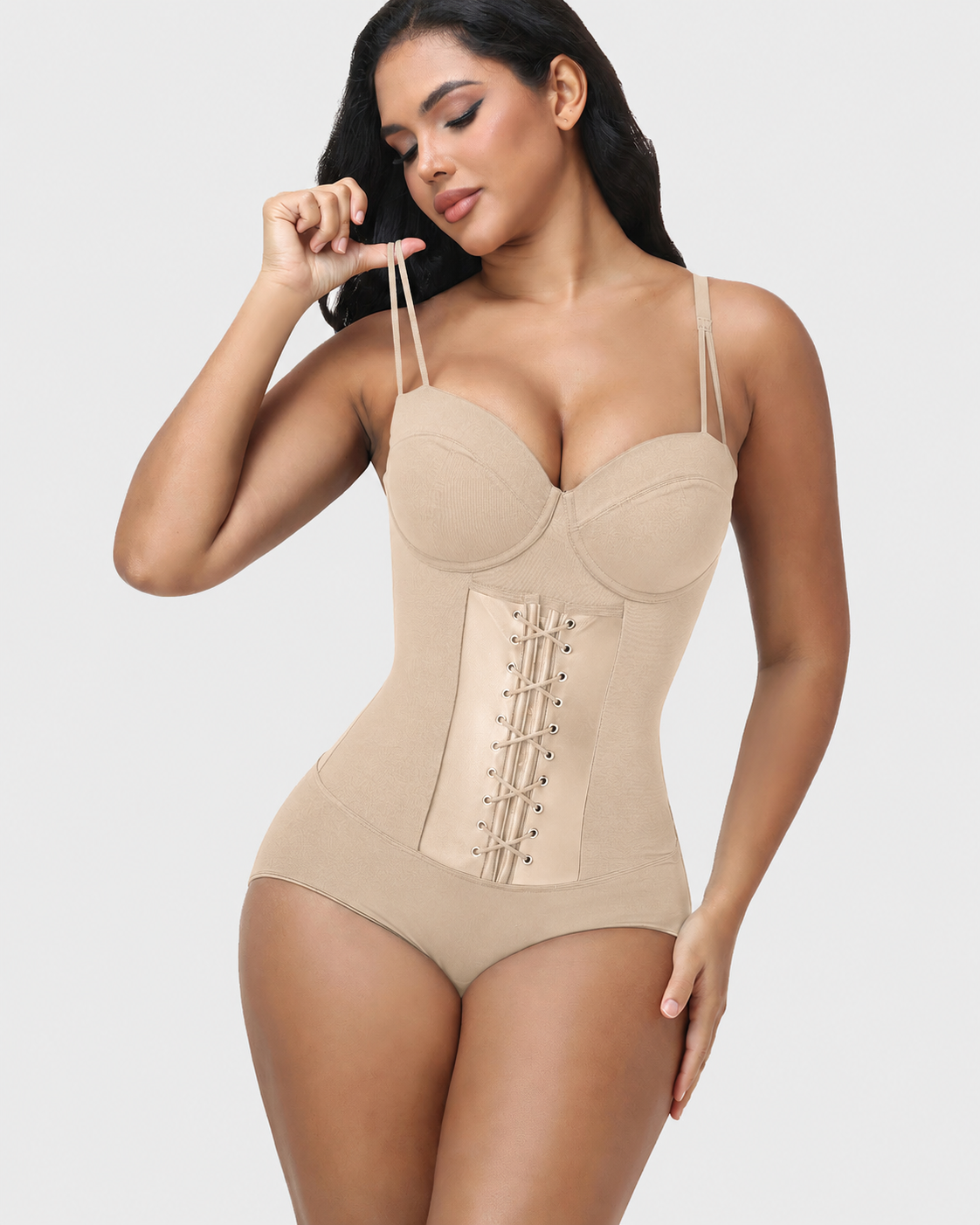 V Neck Double Thin Strap Leather Lace Up Tummy Control Bodysuit