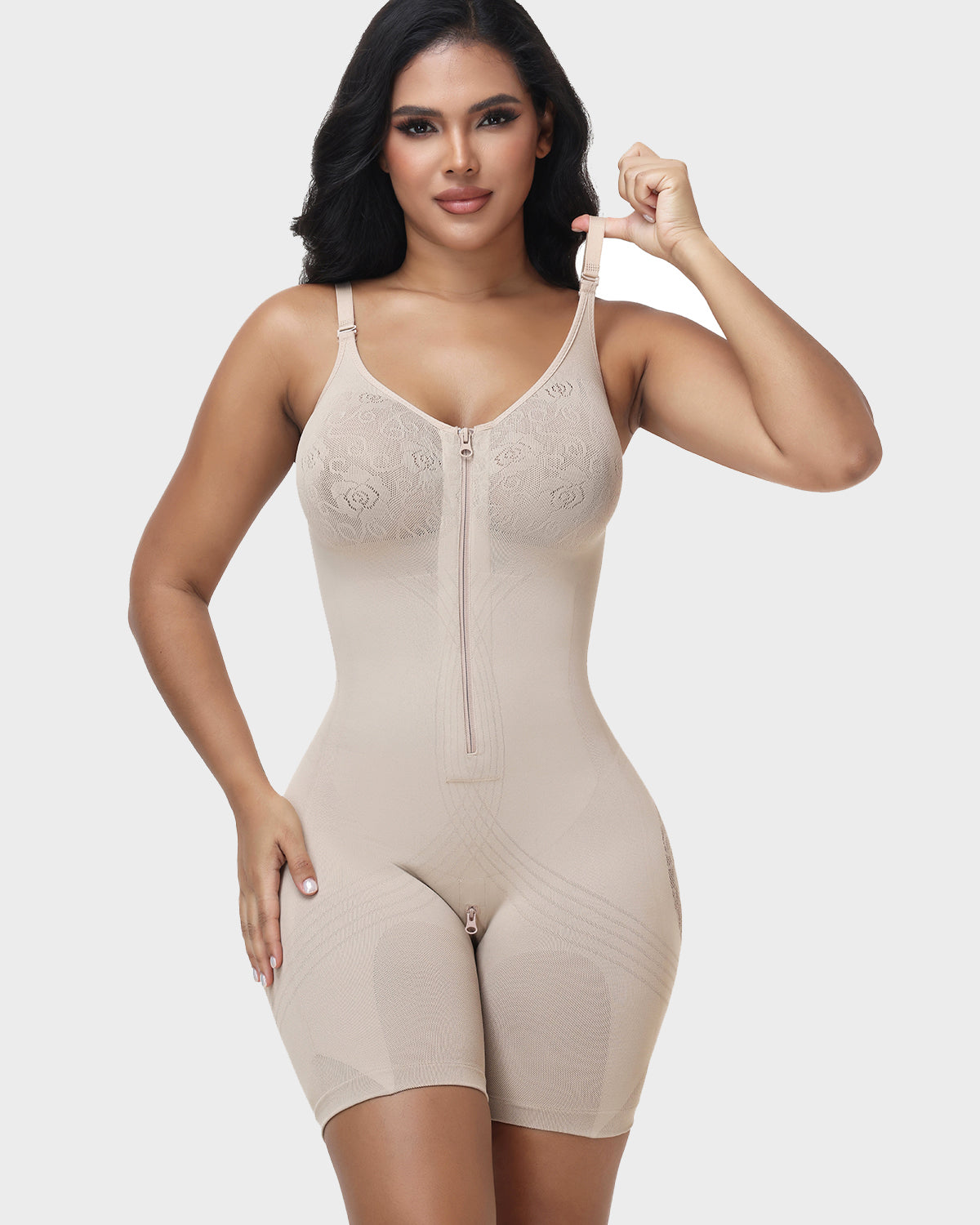 High Compression Adjustable Strap Mid Thigh Front Zipper Lace Full BodyShapewear