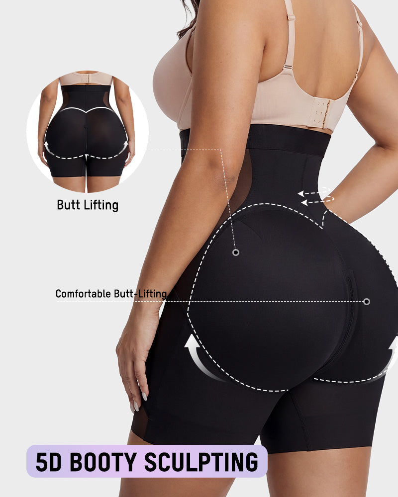 High Waist Zipper Tummy Control Butt Lifting Mid Thigh Mesh Shapewear Shorts