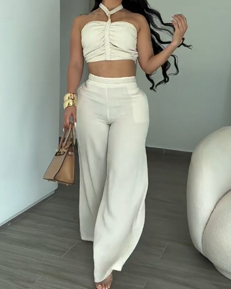 2 Piece Braided Trim Two Piece Outfit with Flared Trousers - By Qivii