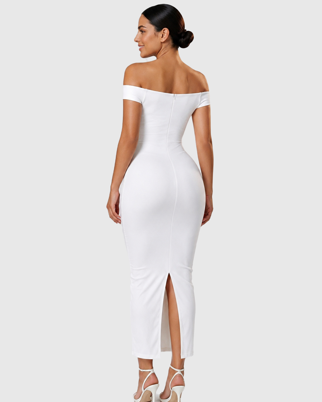 Off Shoulder Ruched Bust Bodycon Maxi Dress with Back Slit - By Qivii