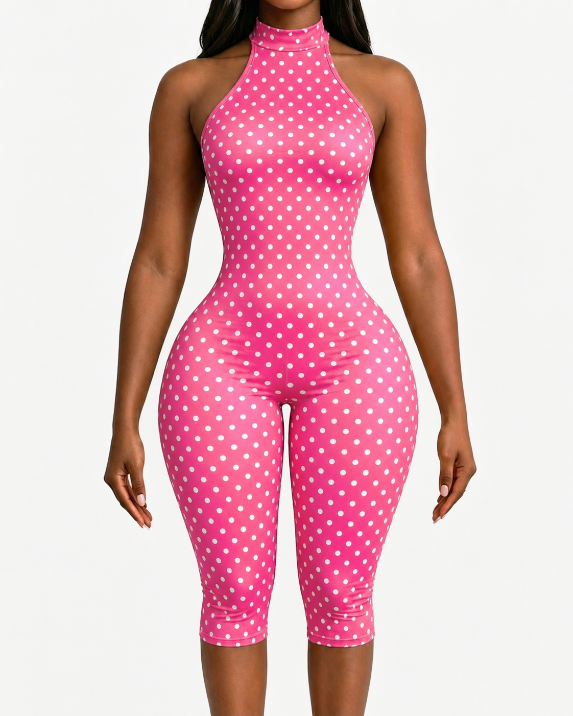 Polka Dot Halter Neck Backless Slim-Fit Stretch Capri Jumpsuit - By Qivii
