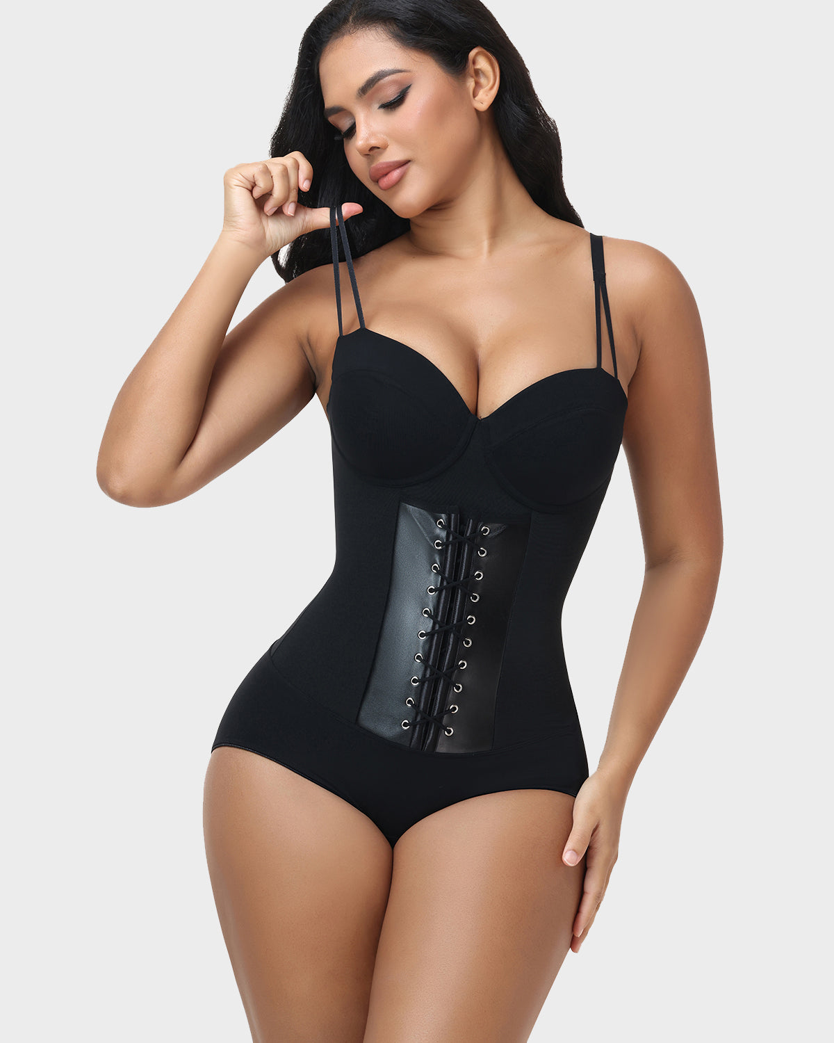 V Neck Double Thin Strap Leather Lace Up Tummy Control Bodysuit