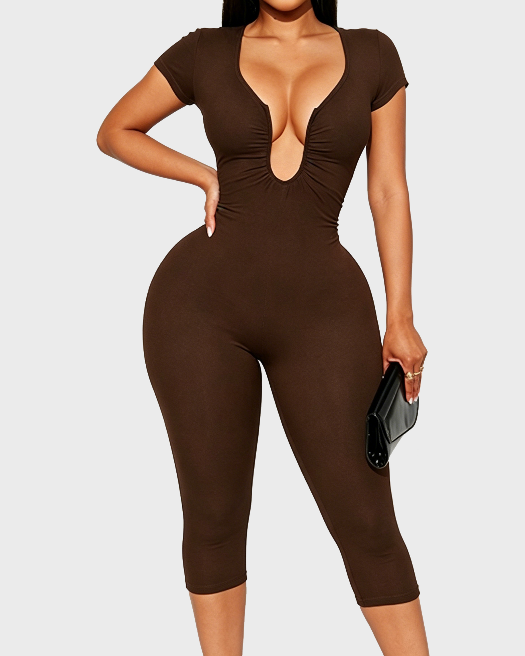 Short Sleeve Plunge Neck Bodycon Capri Jumpsuit with Back Zipper - By Qivii