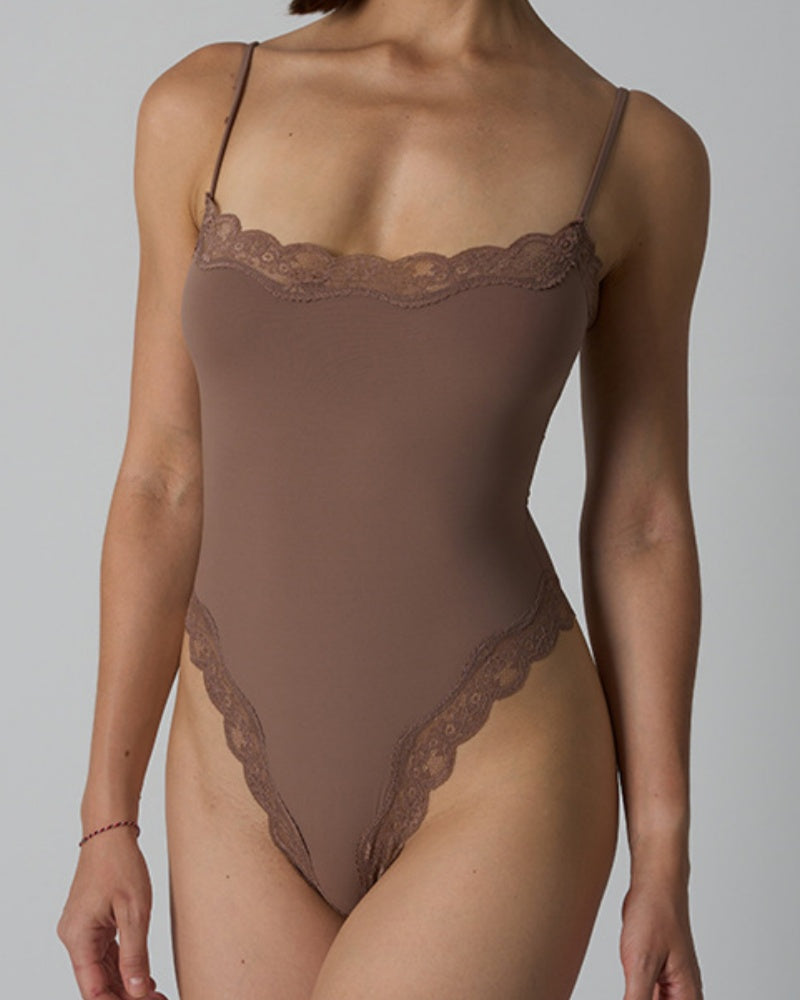 Spaghetti Strap Triangle Shapewear Bodysuit with Lace Trim