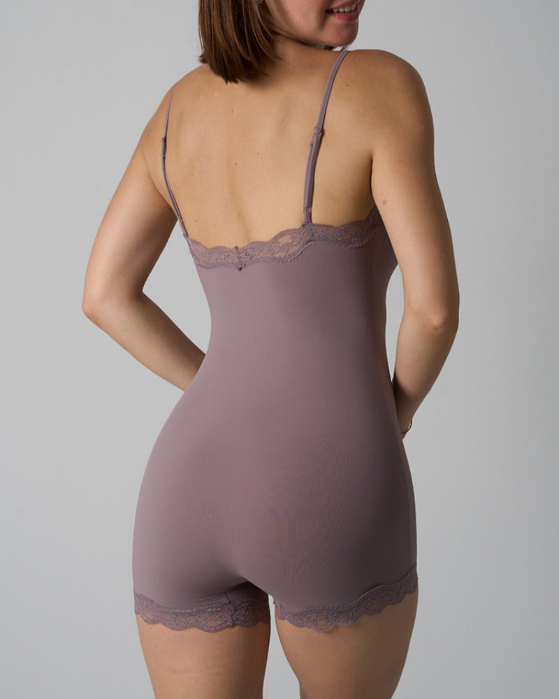 Lace Trim Sculpting shapewear Bodysuit with Adjustable Spaghetti Straps