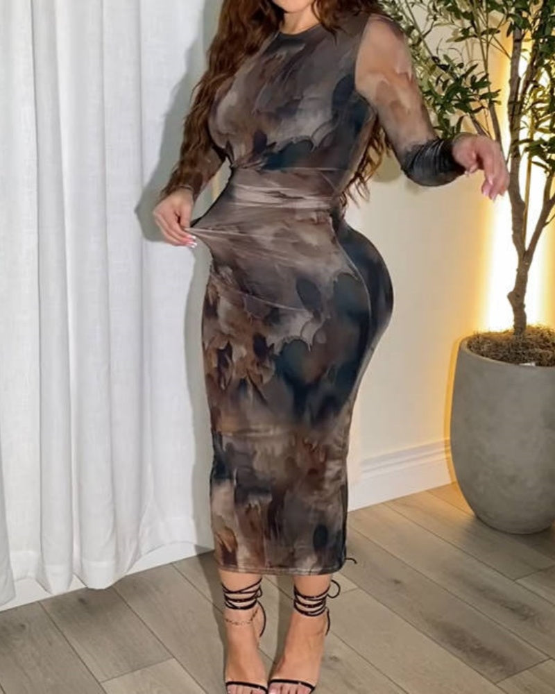 Tie Dye Mesh Long Sleeve Bodycon Midi Dress - By Qivii