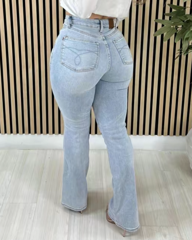 Stylish Washed High Rise Tummy Control Flared Jeans - By Qivii