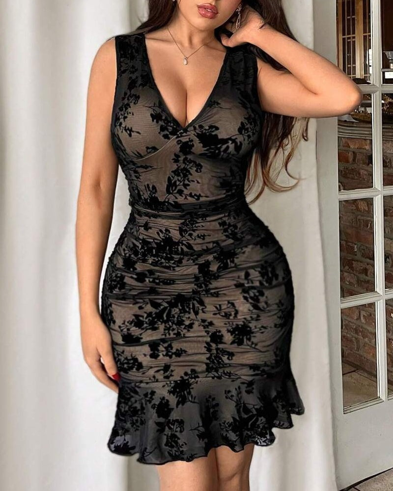 Floral Mesh V Neck Ruffle Bodycon Midi Dress for Women - By Qivii