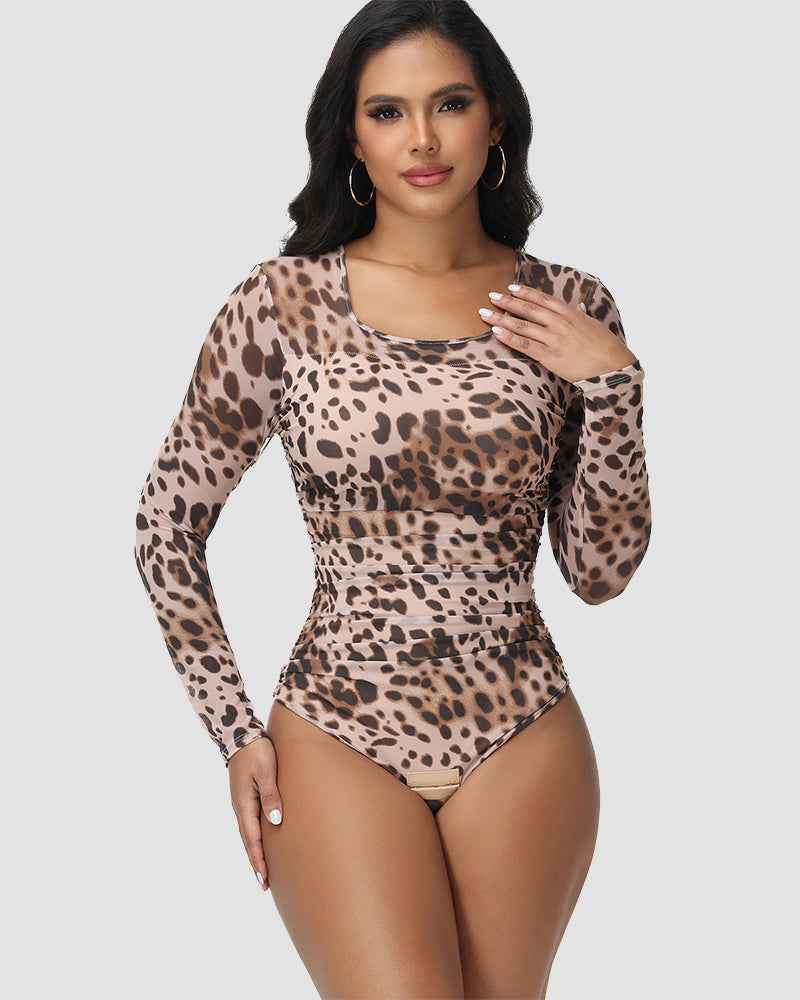 Shapshe® Leopard Print Ruched Tummy Control Thong Bodysuit - By Qivii