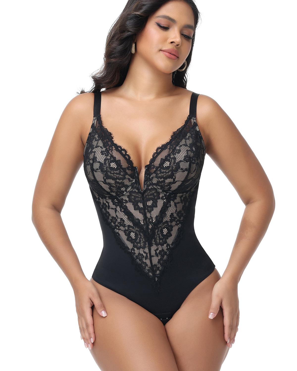 Shapshe® Sexy Plunge Lace Shapewear Bodysuit With Hook Crotch