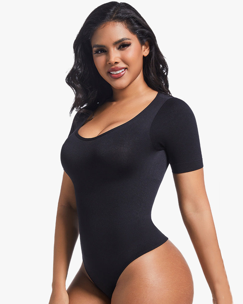 Seamless Short Sleeve Thong Bodysuit Tummy Control Round Neck Body Shaper