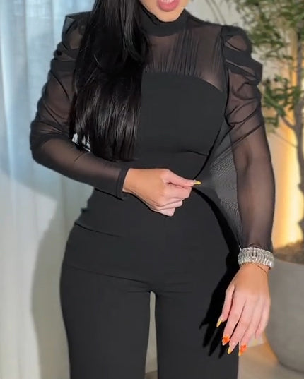 Women's Sheer Mesh Stand Collar Slimming Wide Leg Jumpsuit - By Qivii