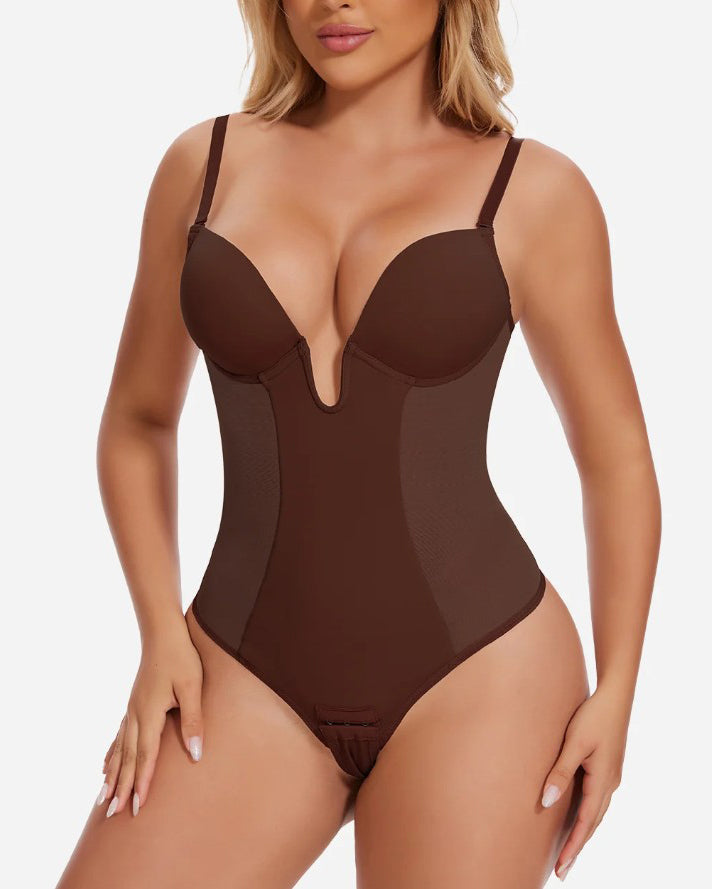 Sexy Plunge Neck Backless Mesh Panel Shapewear Thong Bodysuit