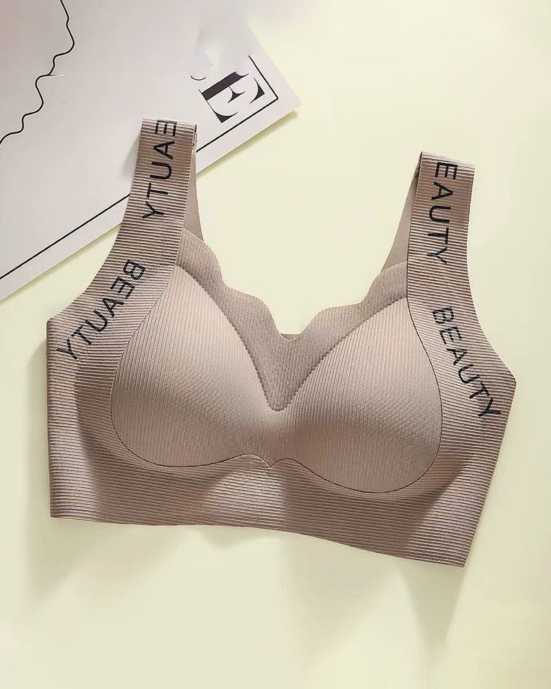 Thin Seamless Wireless Push-Up Fixed Cup Lettering Straps Bra
