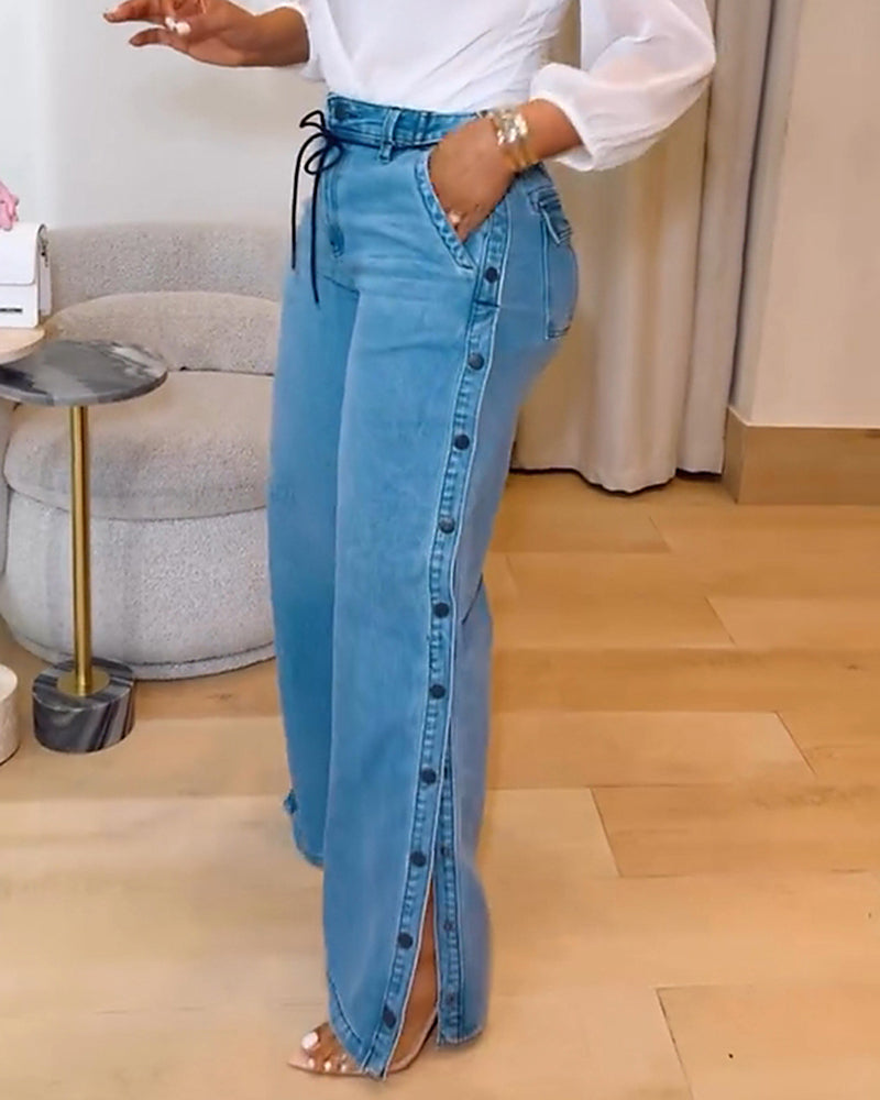 Shapshe® Straight Leg Wide Legs High Waist Baggy Side Snap Button Jeans - By Qivii