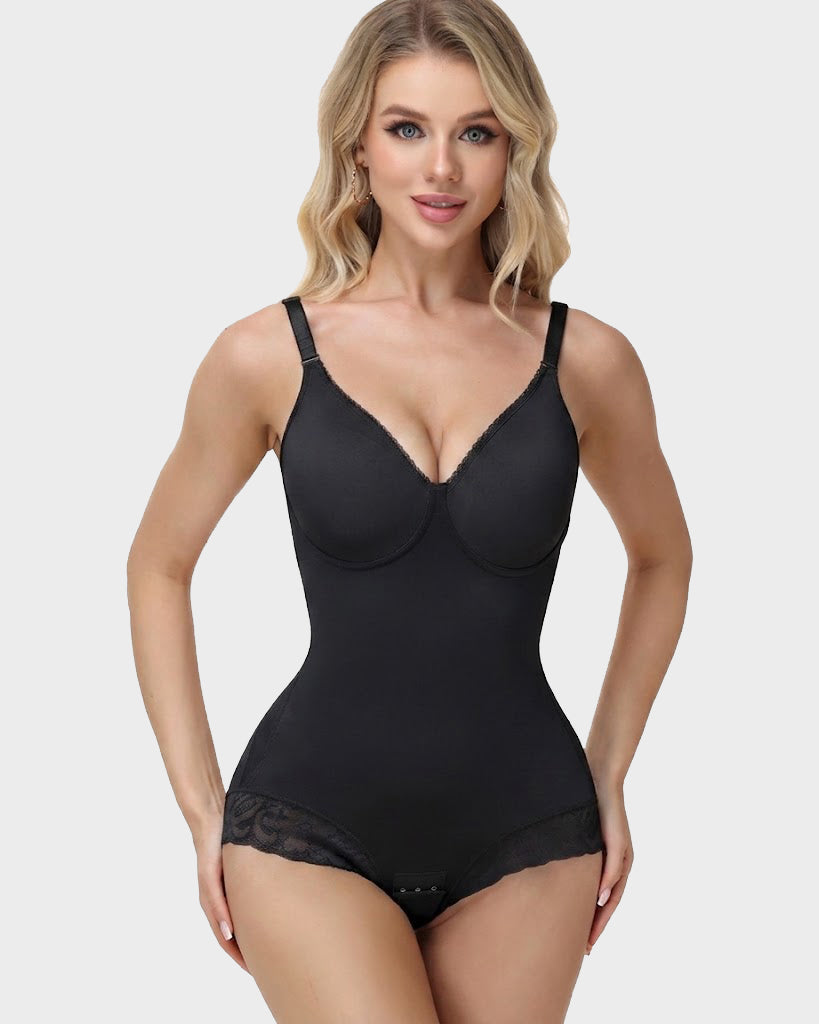 Seamless V Neck Adjustable Crisscross Back Lace Trim Hourglass Butt Lifting Bodysuit