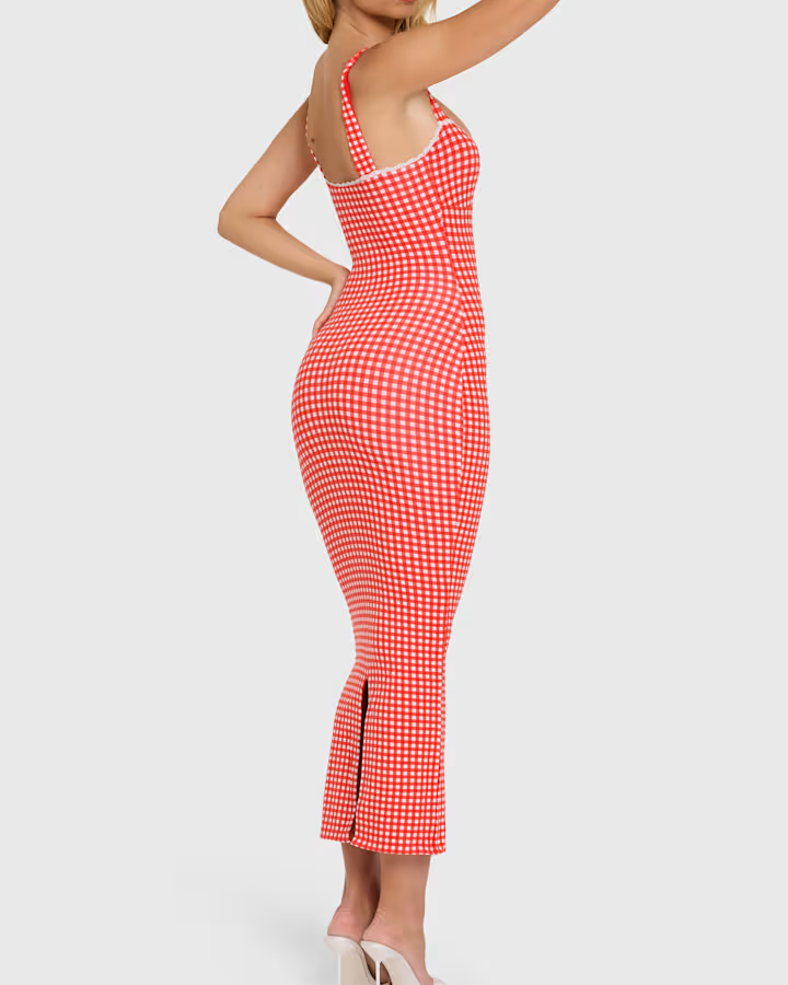 Lace-trim Midaxi Dress in Red Gingham - By Qivii