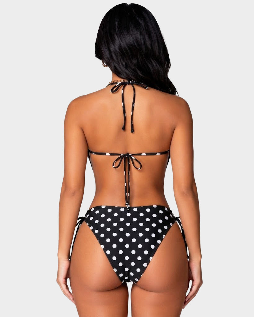 Polka Dot Halter Side Cutout Side One Piece Swimsuit - By Qivii