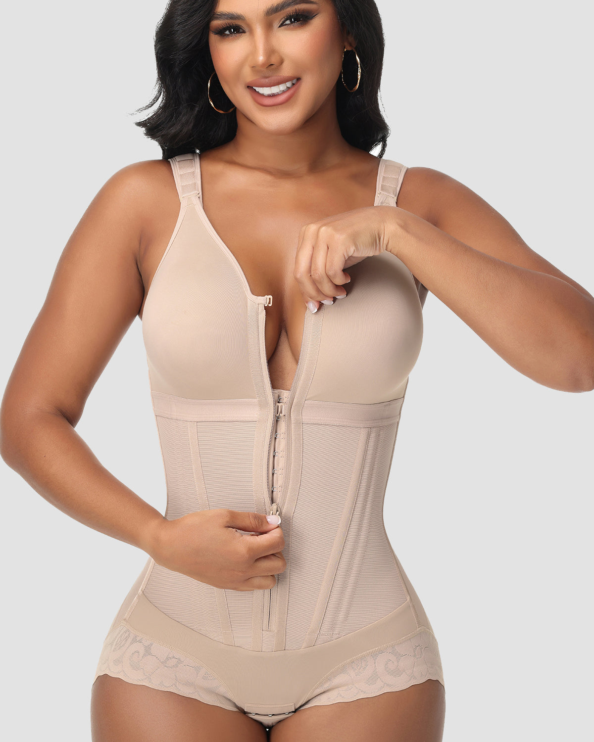 Double-Layer PowerMesh Hourglass Tummy Sculpt Zipper Bodysuit With Bra