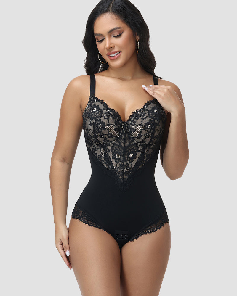 Shapshe® Front and Back Deep V Lace Trim Shapewear Bodysuit - By Qivii