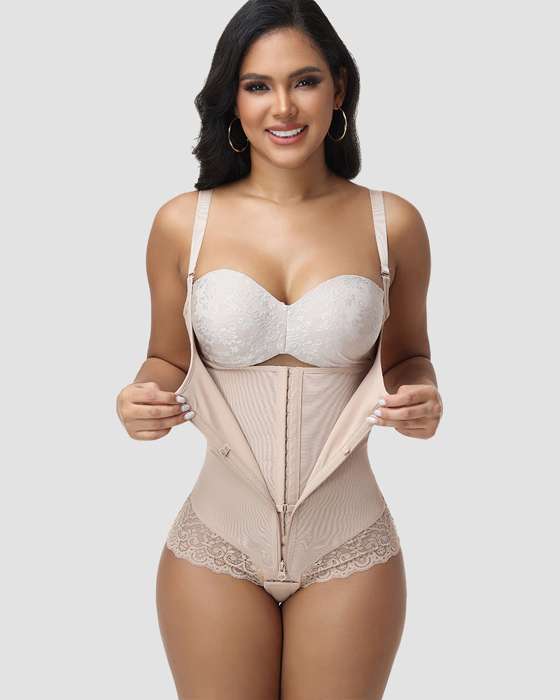 Shapshe® Lace Trim Double Compression Shapewear Bodysuit - By Qivii