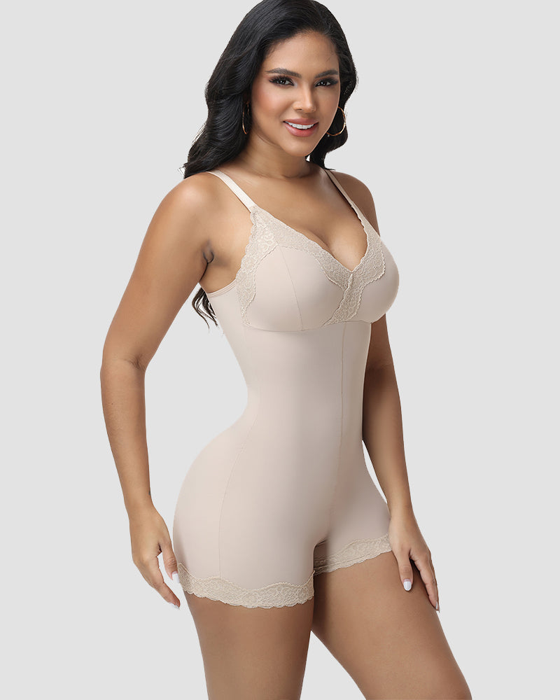 Shapshe® Lace Trim Deep V Mid-Thigh Bodysuit Shaper