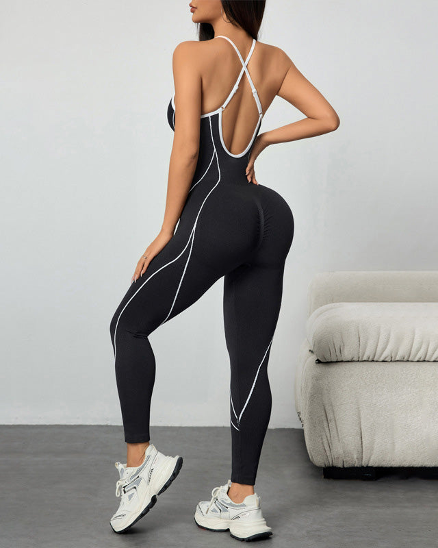 Seamless Athletic Jumpsuit Cross-Strap Color-Block Full-Length Bodysuit - By Qivii