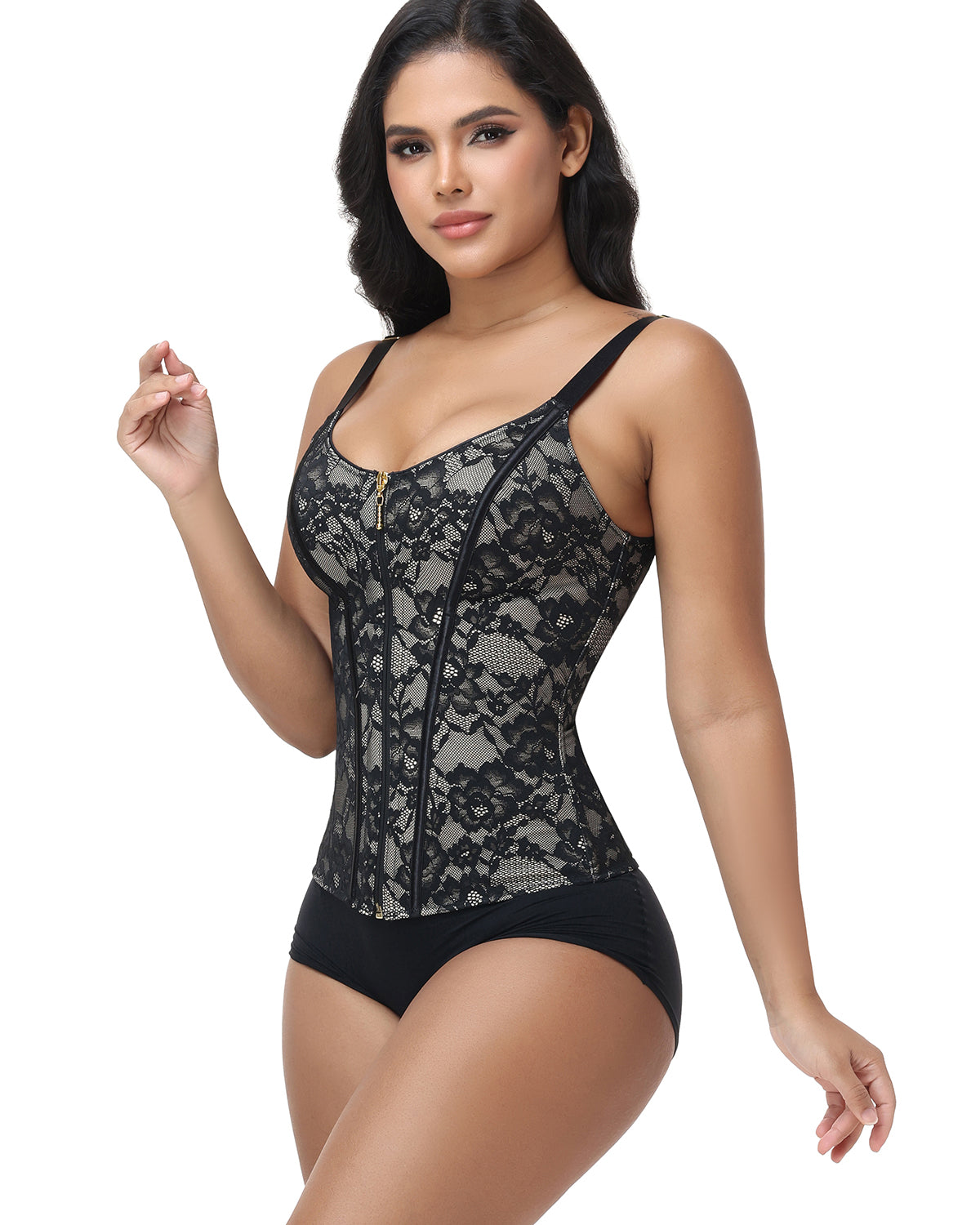 V Neck Full Lace Adjustable Strap Zipper Waist Trainer Faja Vest
