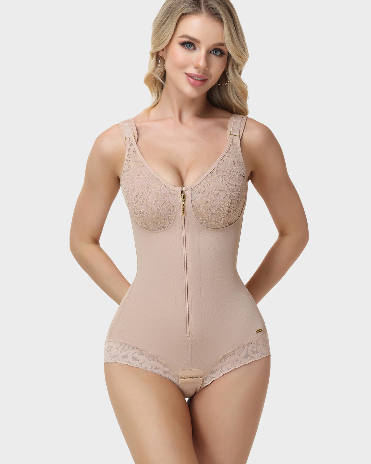 Lace V Neck Adjustable Strap Tummy Control Butt Lifting Zipper Bodysuit