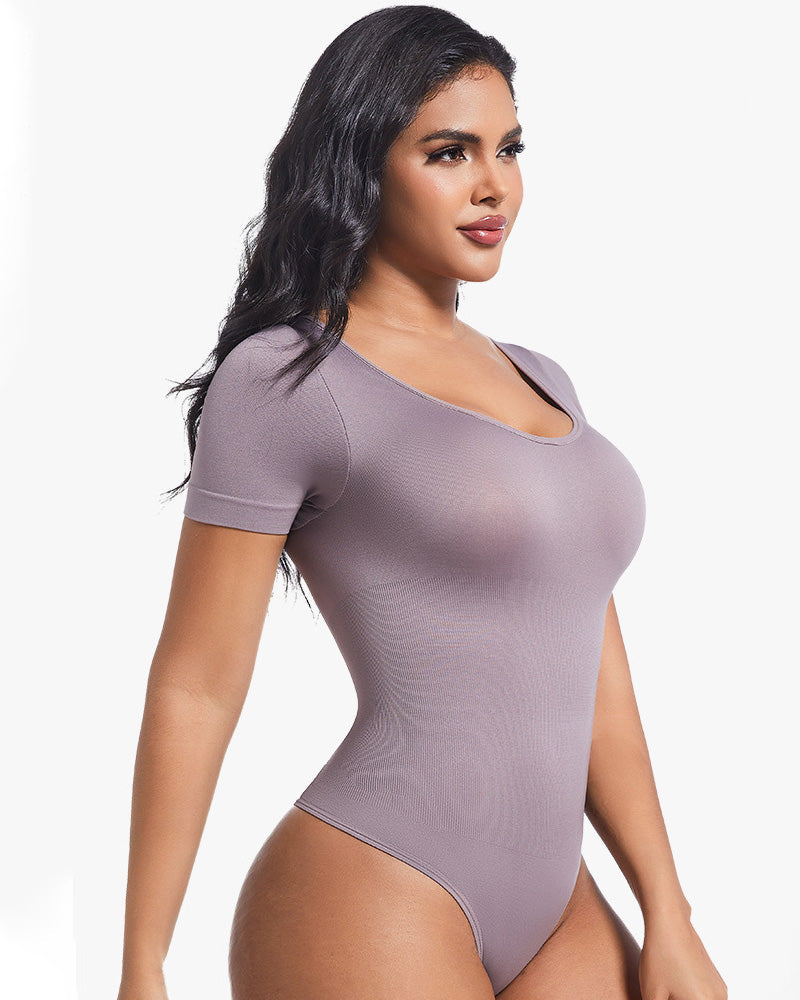 Seamless Short Sleeve Thong Bodysuit Tummy Control Round Neck Body Shaper