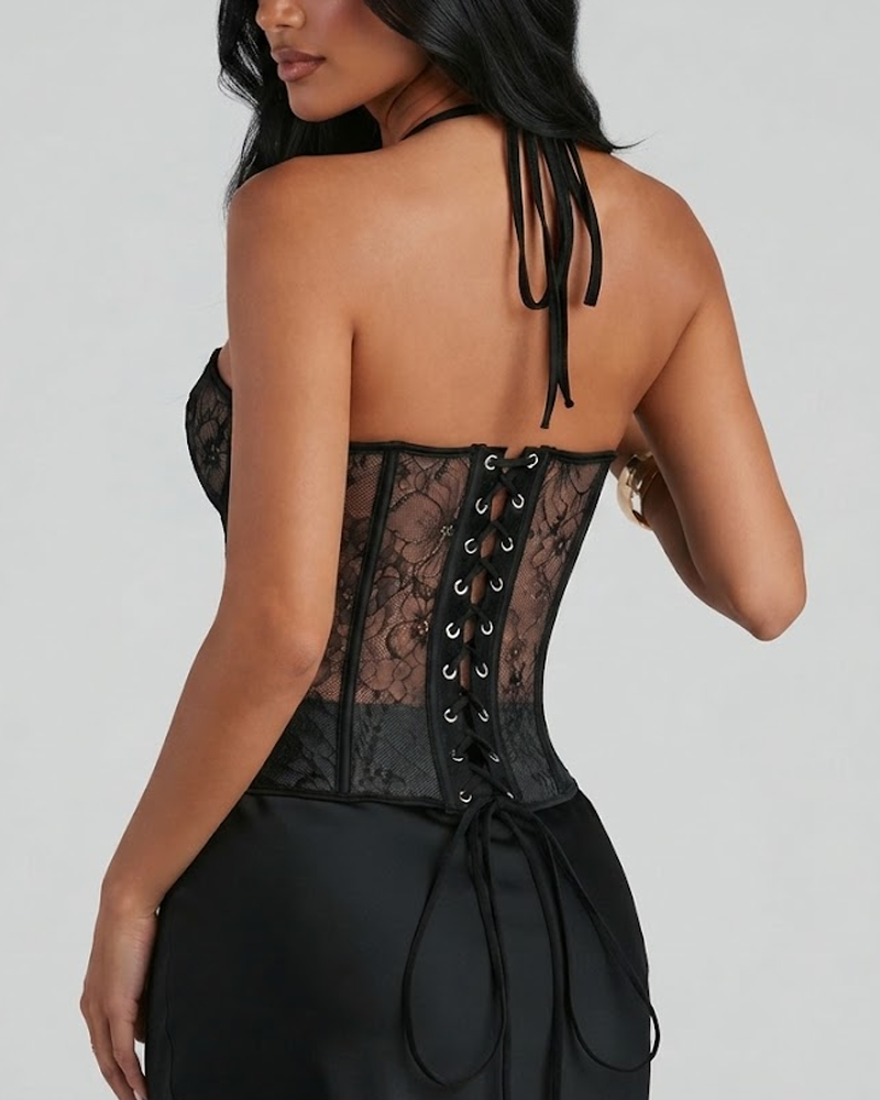 French Lace Cross Halter Boned Corset Top