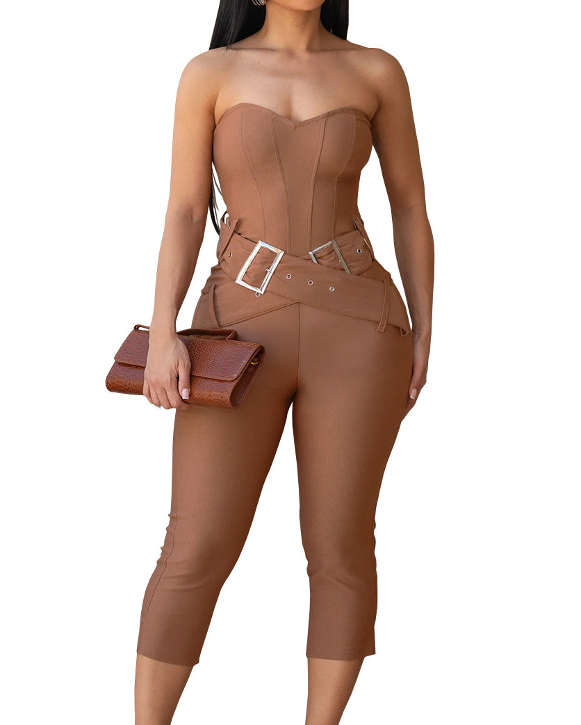 Sweetheart Strapless Capri Jumpsuit with Belt - By Qivii