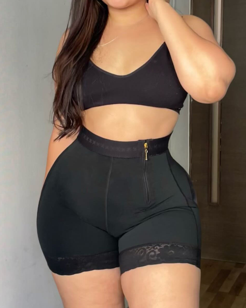 High Waist Side Zip Butt‑Lifting Lace Hem Shaping Shorts