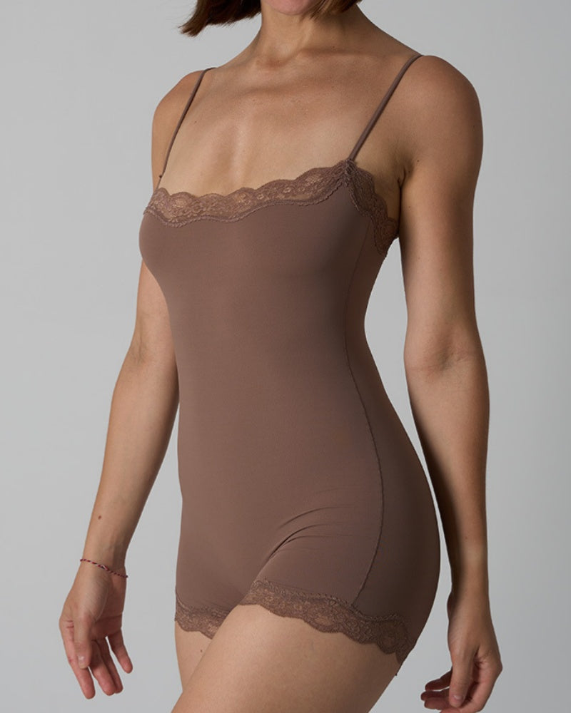 Lace Trim Sculpting shapewear Bodysuit with Adjustable Spaghetti Straps