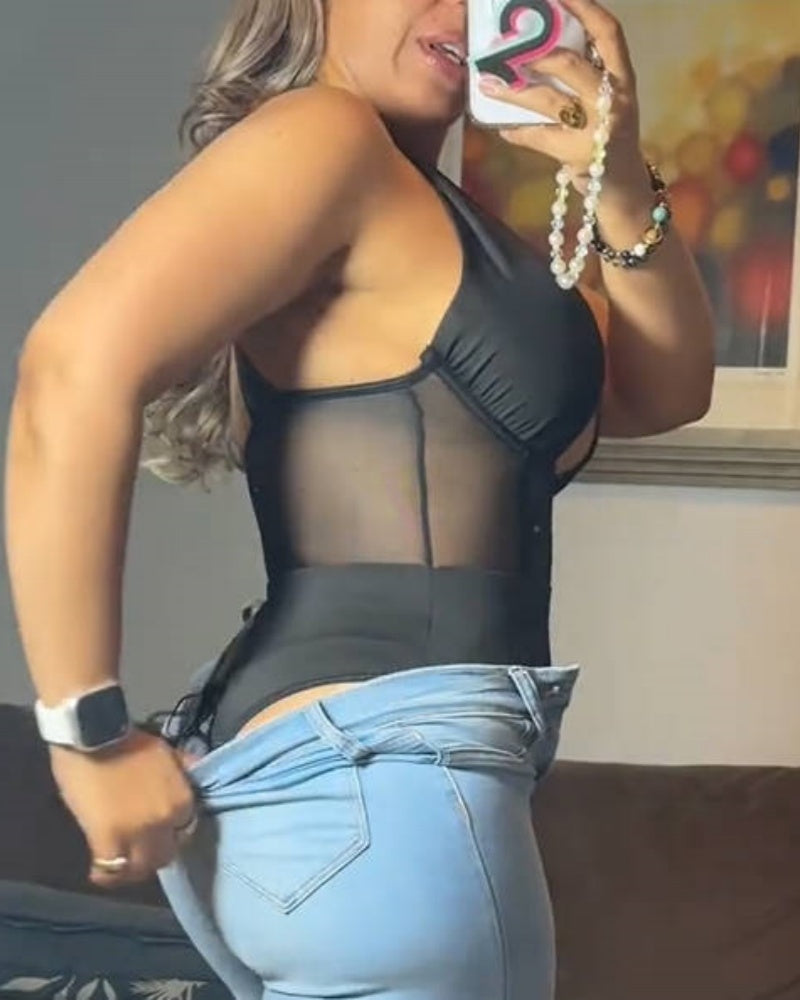 Mesh Panel Fishbone Tummy Tuck Shapewear Bodysuit