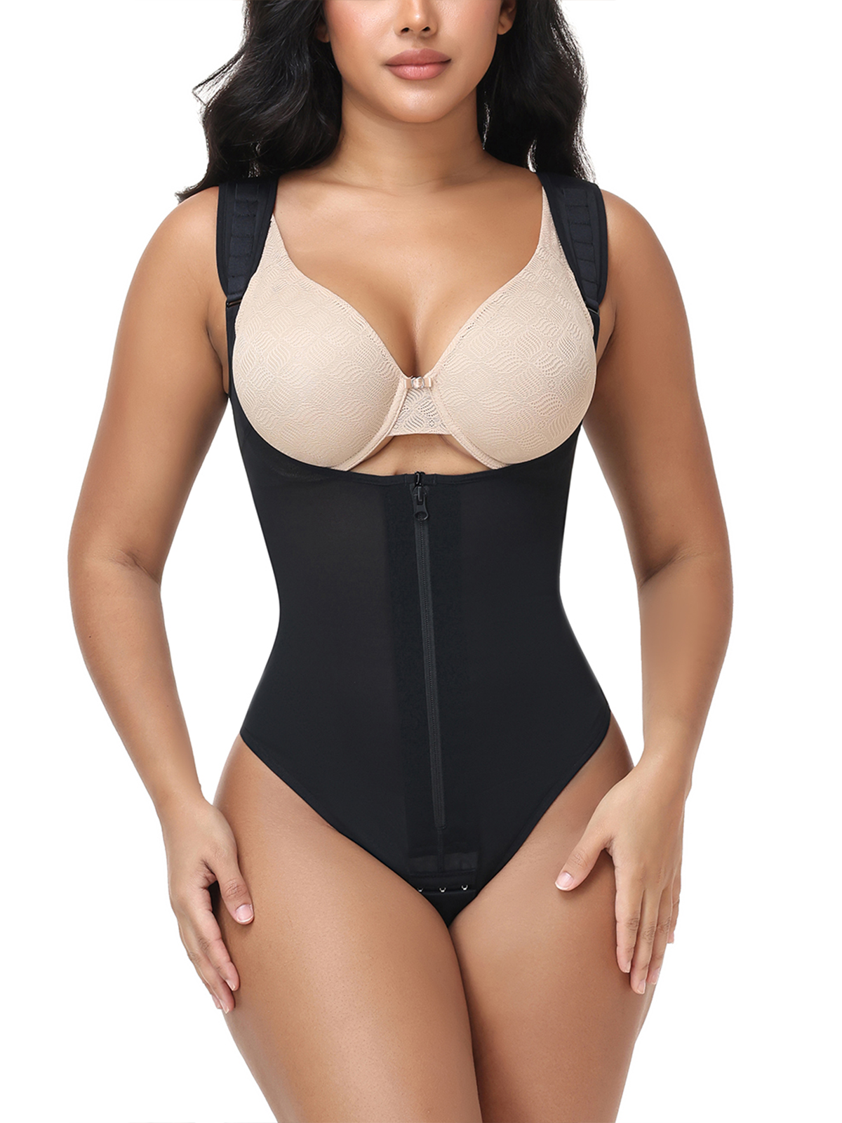 Open Bust Adjustable Strap Tummy Control Thong Bodysuit Zipper Shaper