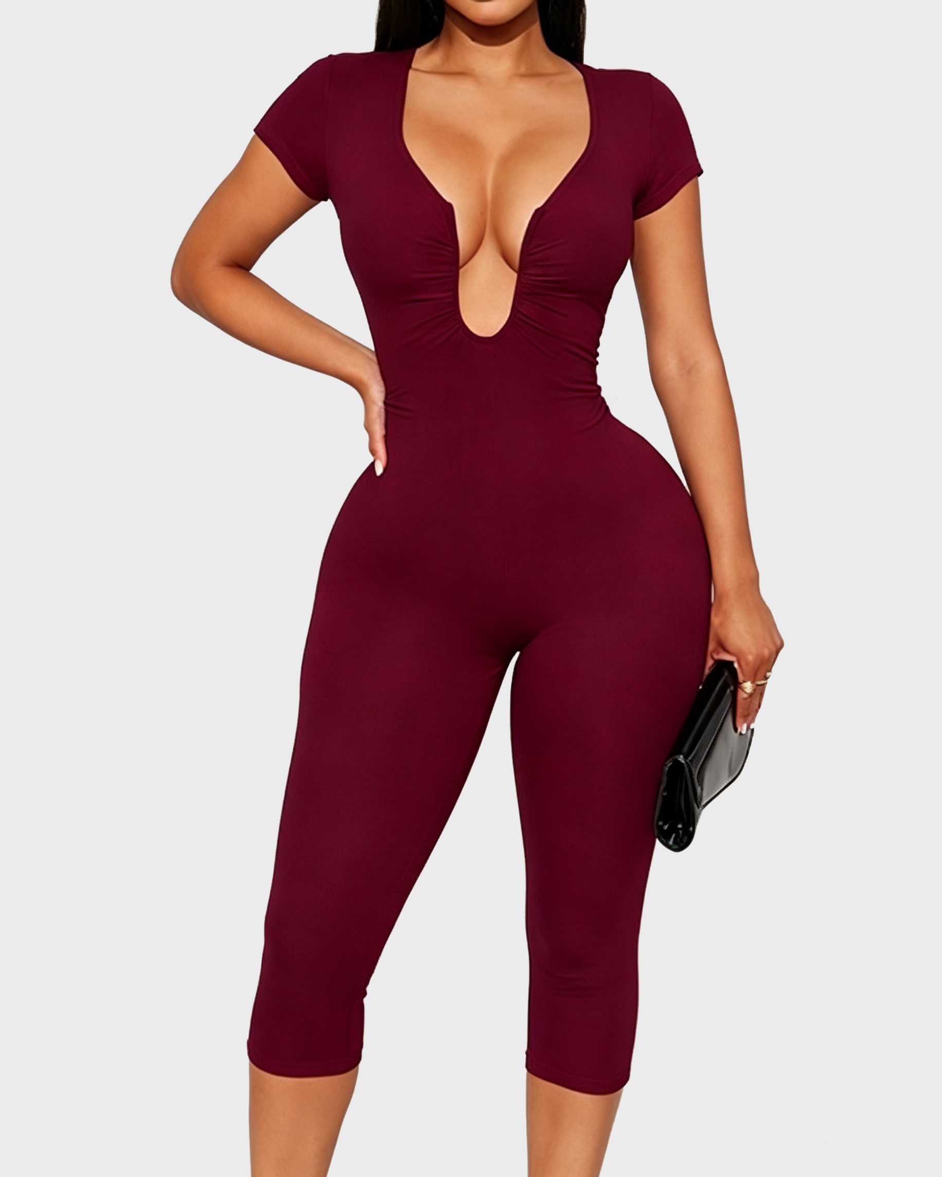 Short Sleeve Plunge Neck Bodycon Capri Jumpsuit with Back Zipper - By Qivii