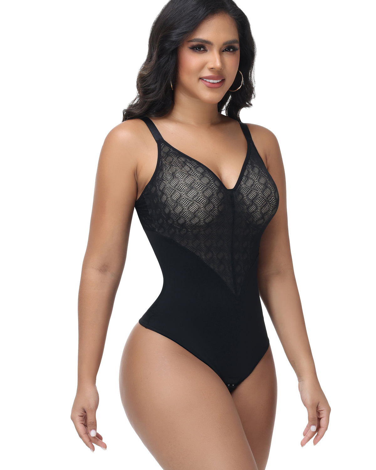 Shapshe® V Neck Sheer Lace Tummy Control Shapewear Bodysuit