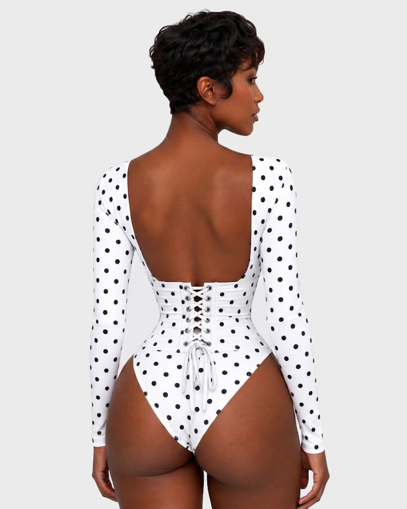 Hourglass Long Sleeve Polka Dot Thong Bodysuit with Waist Trainer 2 Piece Set