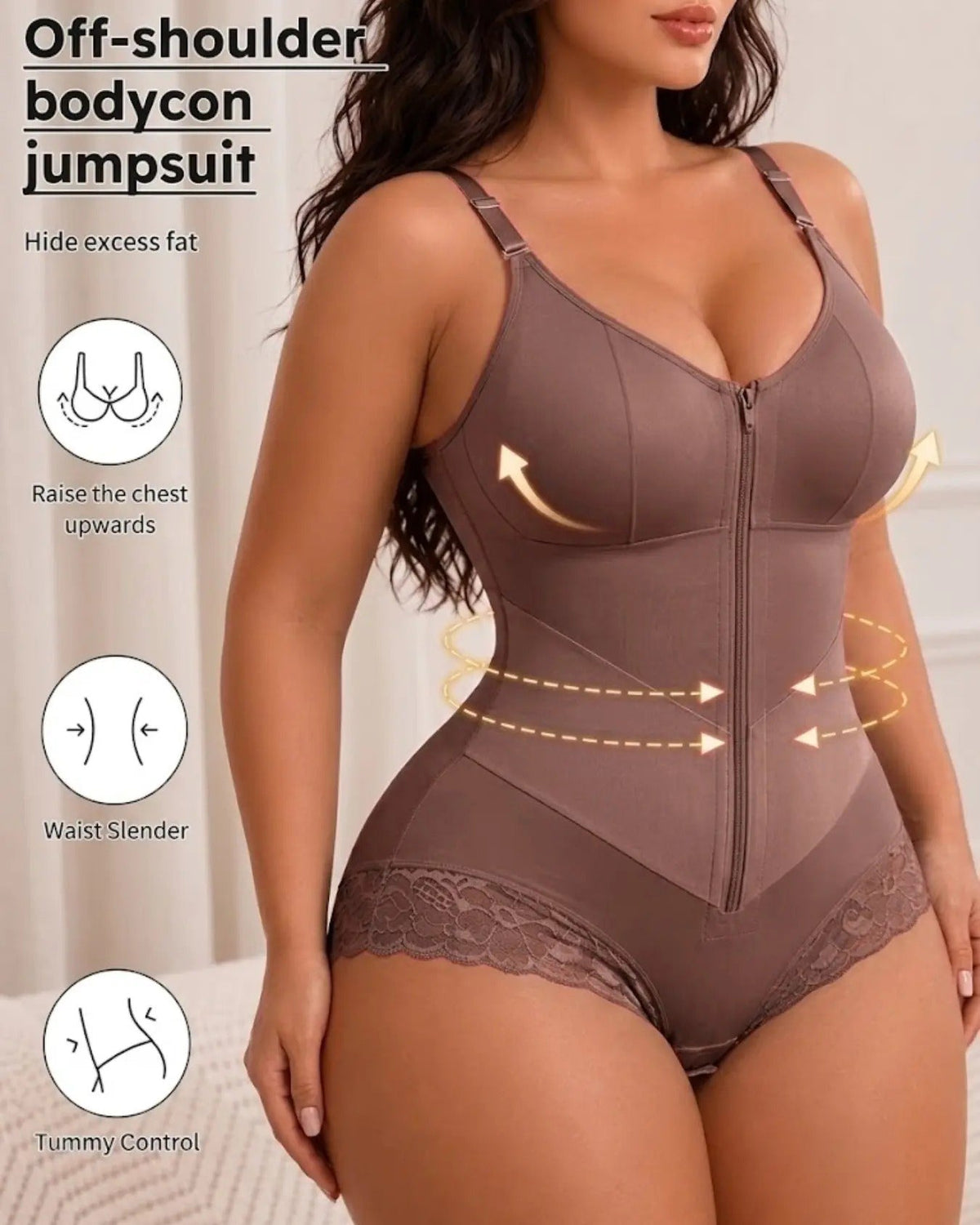 Front Zip Adjustable Strap Tummy Control Butt Lifting Bodysuit Shapewear